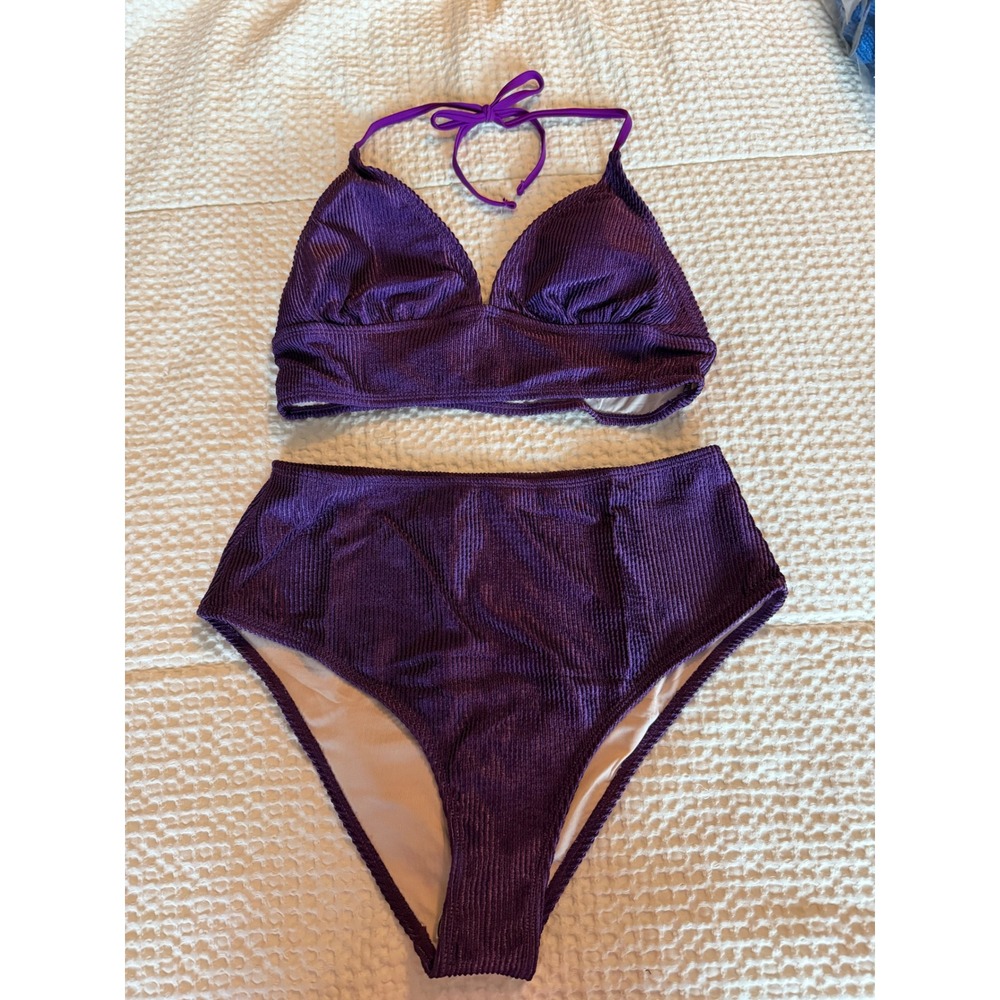 Cupshe Purple Ribbed High Waisted Bikini Set Metallic Halter Top Large New